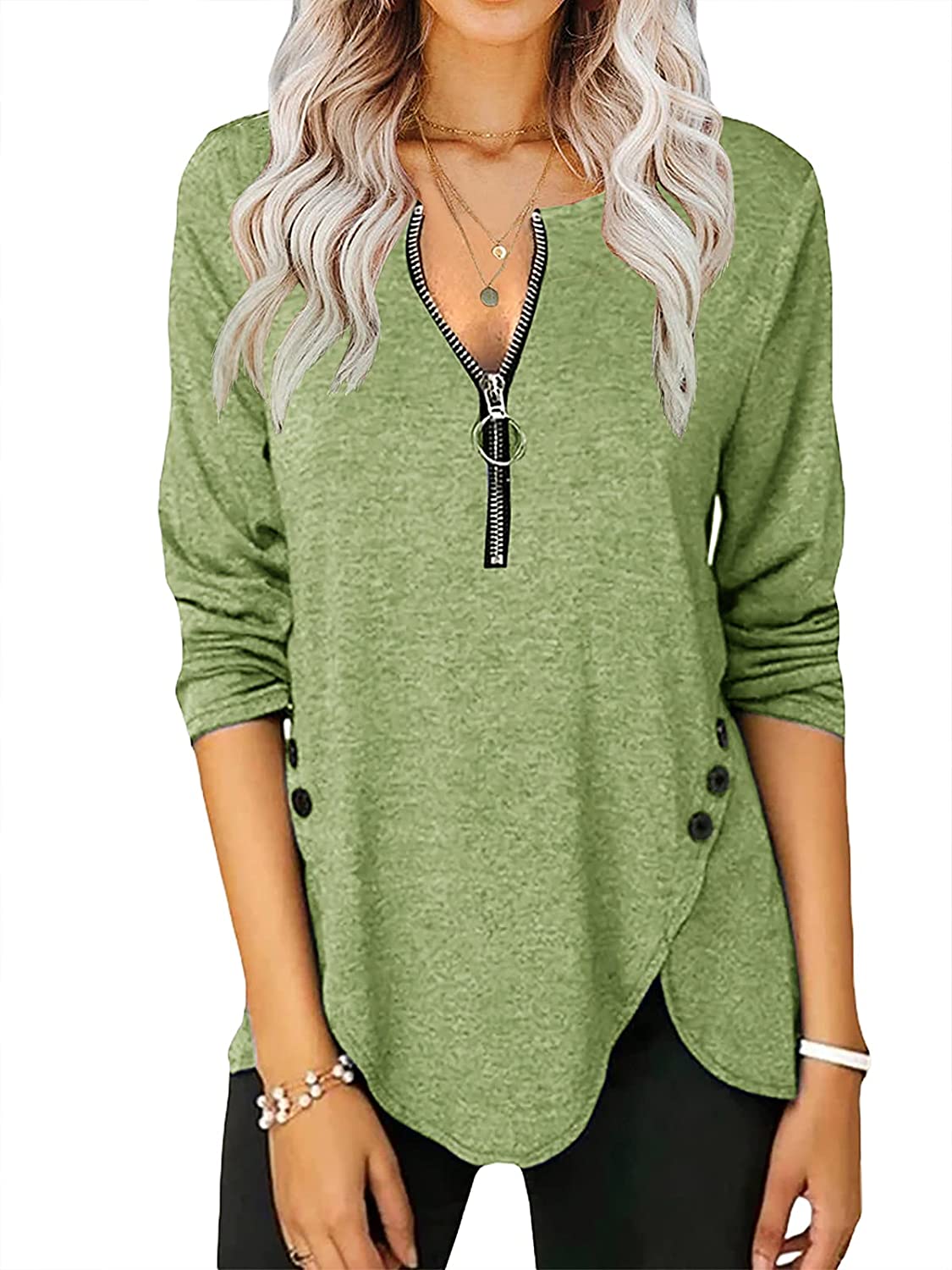Womens Casual Long Sleeve Tunic Shirts Round Neck Button Side Blouses Tops - Image 6